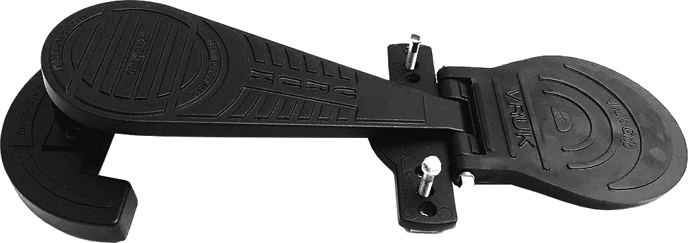 Black VRUK system showing the heel plate and connecting arm